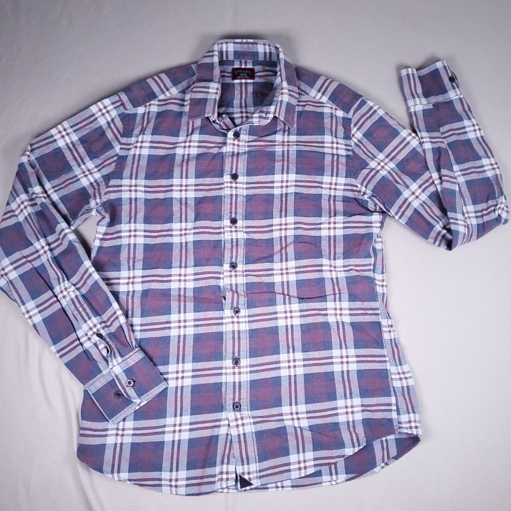 Untuckit Button Down Shirt Mens Large Tall Slim Plaid Flannel Burgundy Blue